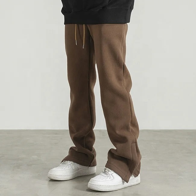 Brown straight-leg jogger trousers with drawstring waist