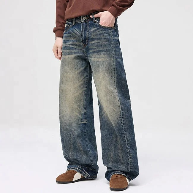 Blue wide-leg jeans with faded wash