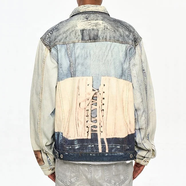 Multi-colour patchwork denim jacket with printed panels