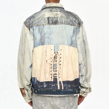 Multi-colour patchwork denim jacket with printed panels