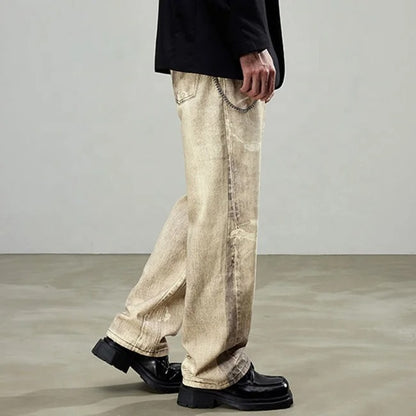 Beige wide-leg jeans with faded wash