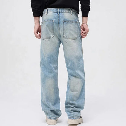 Light blue distressed jeans with faded wash and ripped details