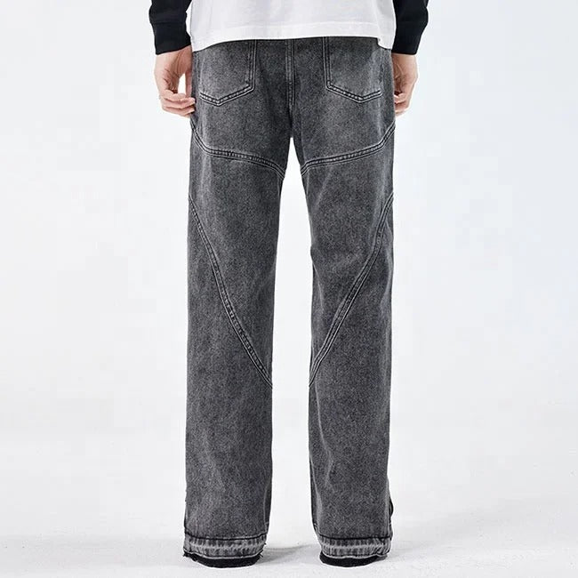 Grey straight-leg jeans with seam panel detailing
