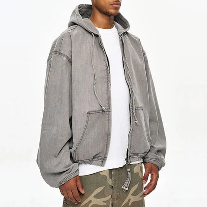 Light grey hooded zip jacket with drawstring hem
