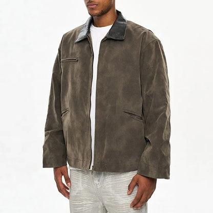 Dark brown zip-front jacket with contrast collar