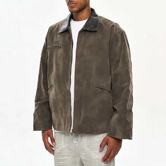 Dark brown zip-front jacket with contrast collar