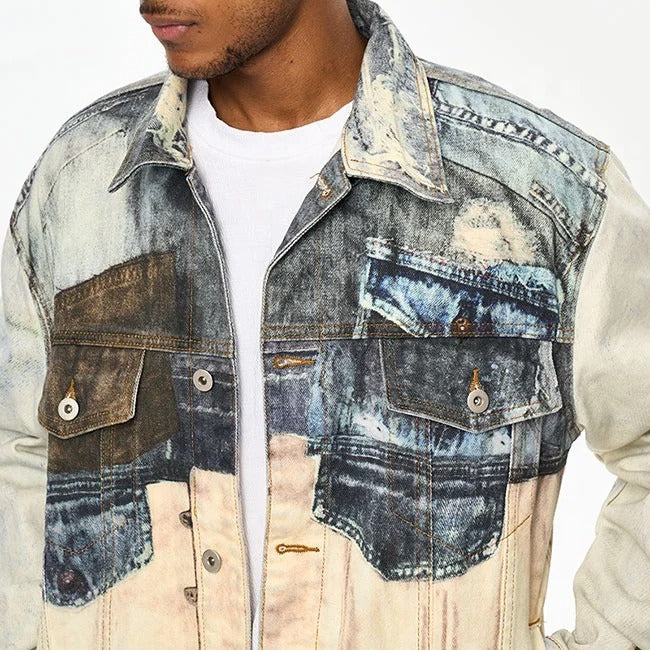 Multi-colour patchwork denim jacket with printed panels