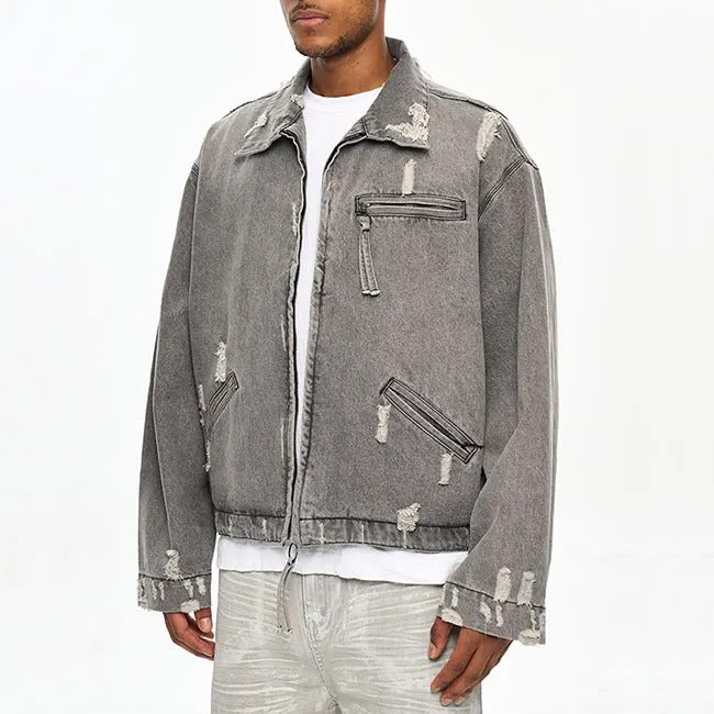 Grey distressed zip-front jacket with frayed details
